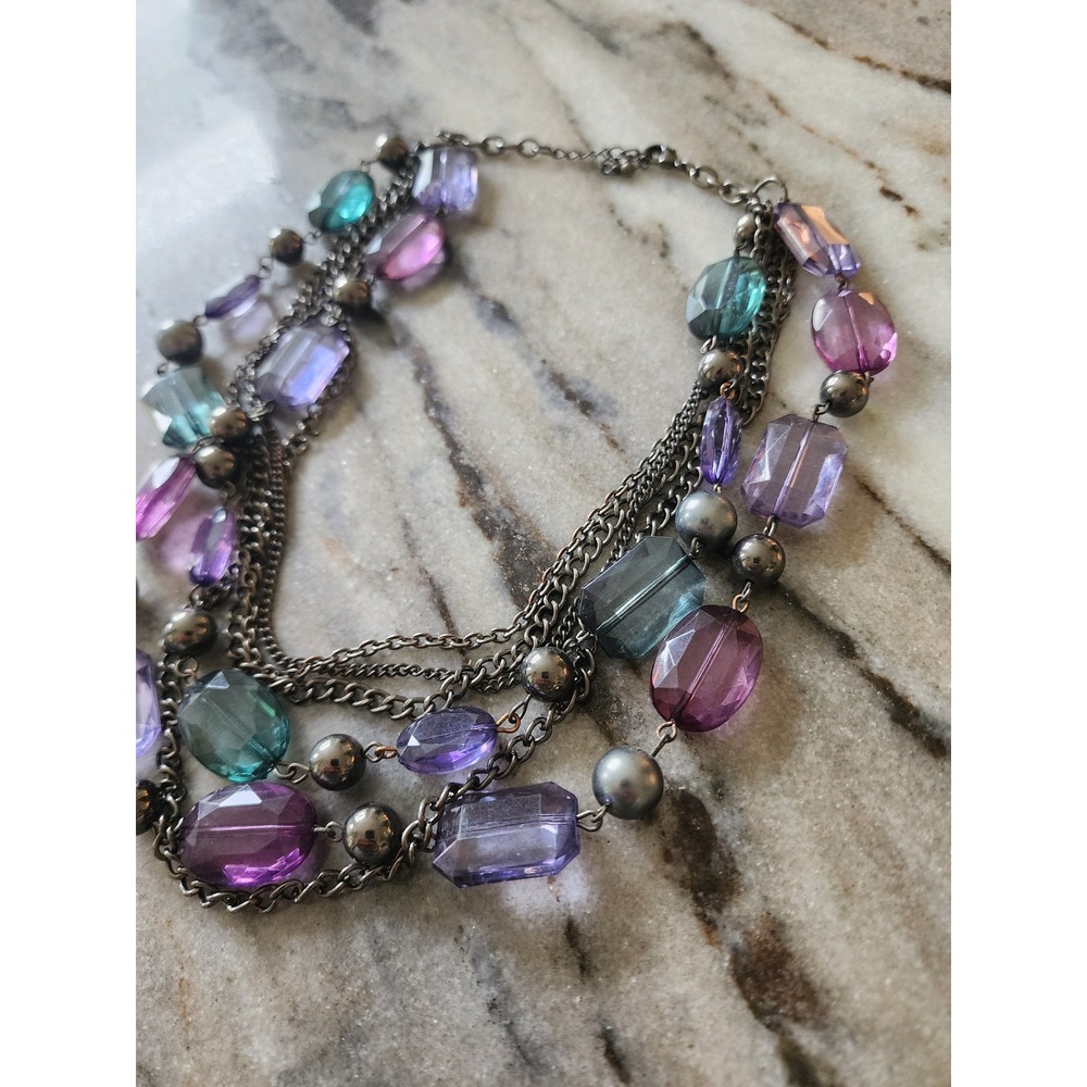 Purple Teal Multi Strand Statement Necklace Silver Tone Faceted Beads Faux Pearl